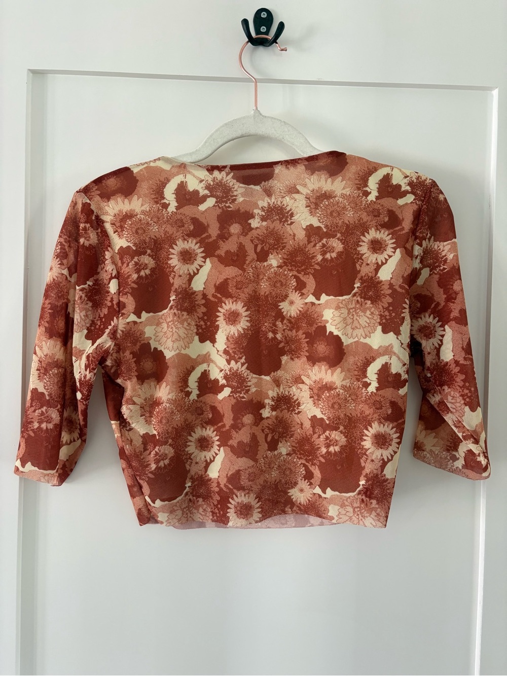 Ganni retro floral mesh crop top shirt orange brown rust stretch boho sz 34 US 2 - Picture 3 of 13